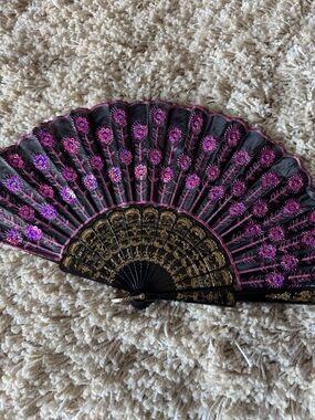 Black and Purple Embroidered Folding Hand Fan